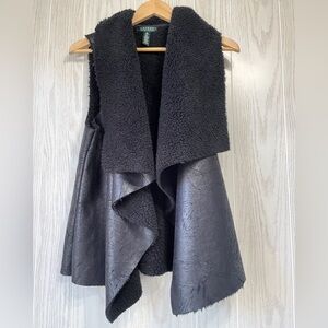 Ralph Lauren M Black Faux Fur Suede Draped Open Vest Women’s Size Med Cozy Warm